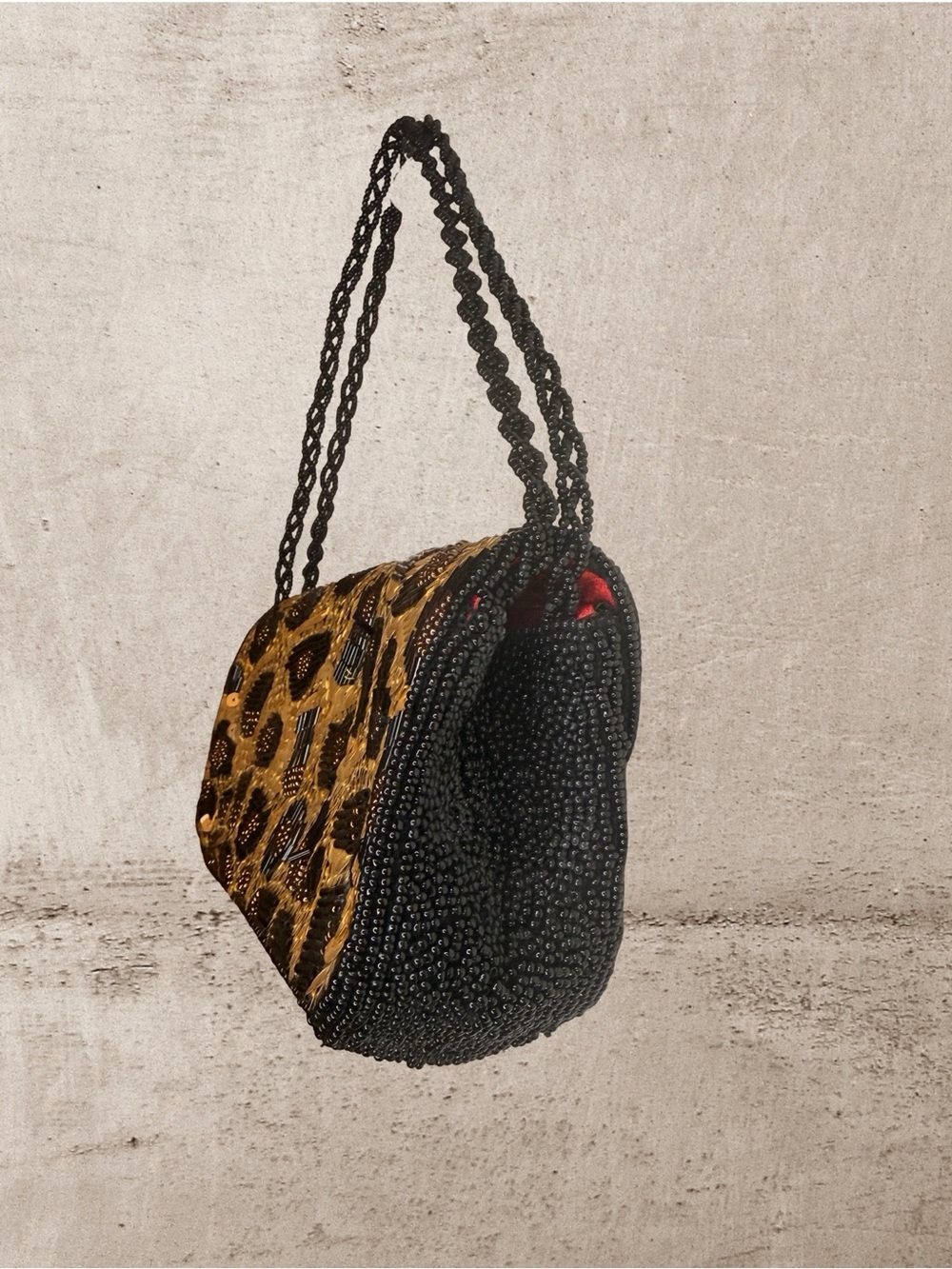 Inge Christopher Sequin Beaded Leopard Print Clutch Shoulder Bag Black Gold - Picture 9 of 13